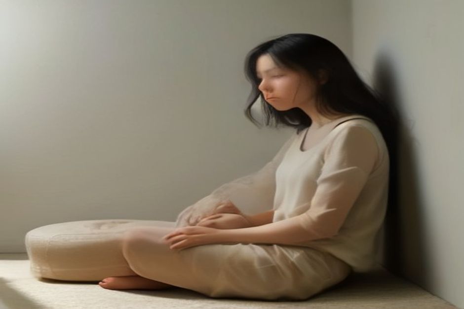 A person sitting upright on a round cushion facing a plain wall in soft morning light, minimalist room, earth tones