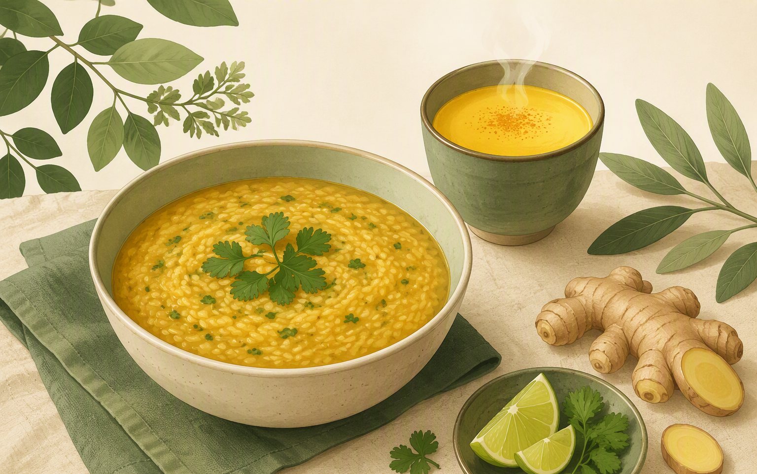 Kitchari and golden milk on linen