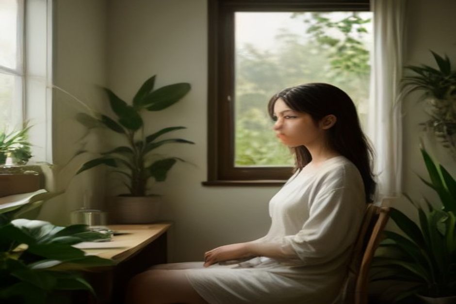 Person sitting relaxed by a window with a cup of tea, calm expression, morning light and houseplants