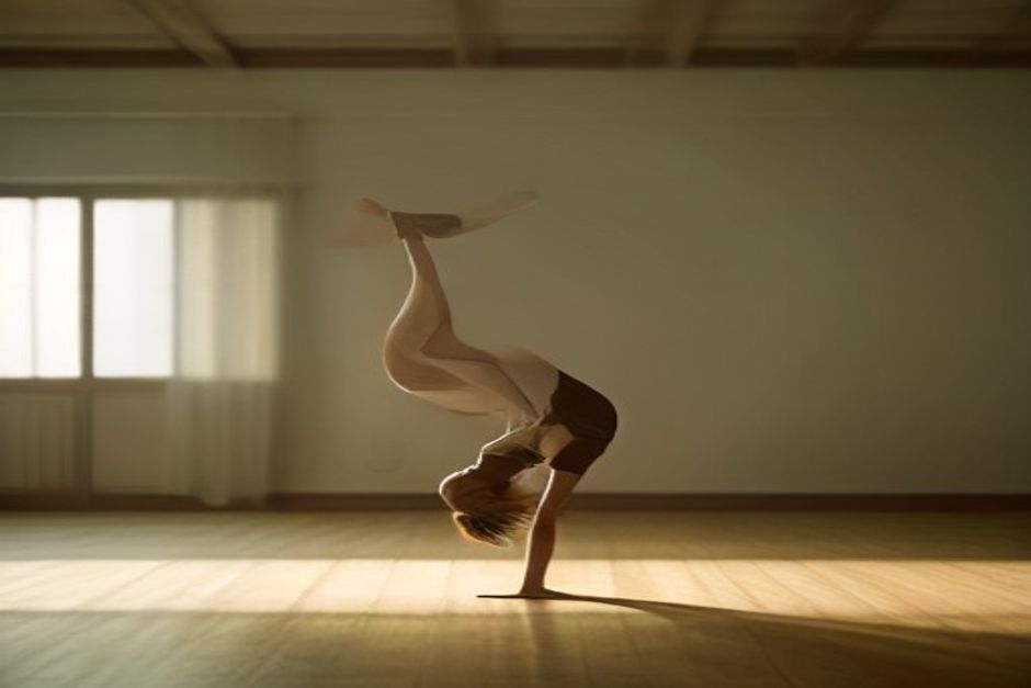 Person balanced on one leg with the other leg extended upward, arms bound, in bird of paradise pose