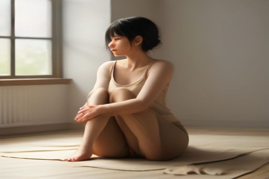 Person seated in bound angle pose on a folded blanket, holding their feet, knees supported by blocks