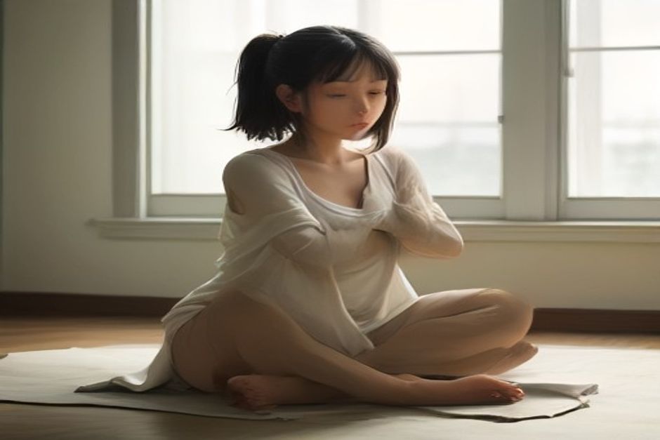 Person seated in butterfly pose with soles of feet together, hands on feet