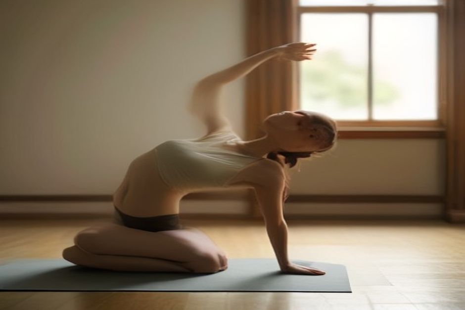 Person in camel pose kneeling with chest lifted and hands reaching toward heels