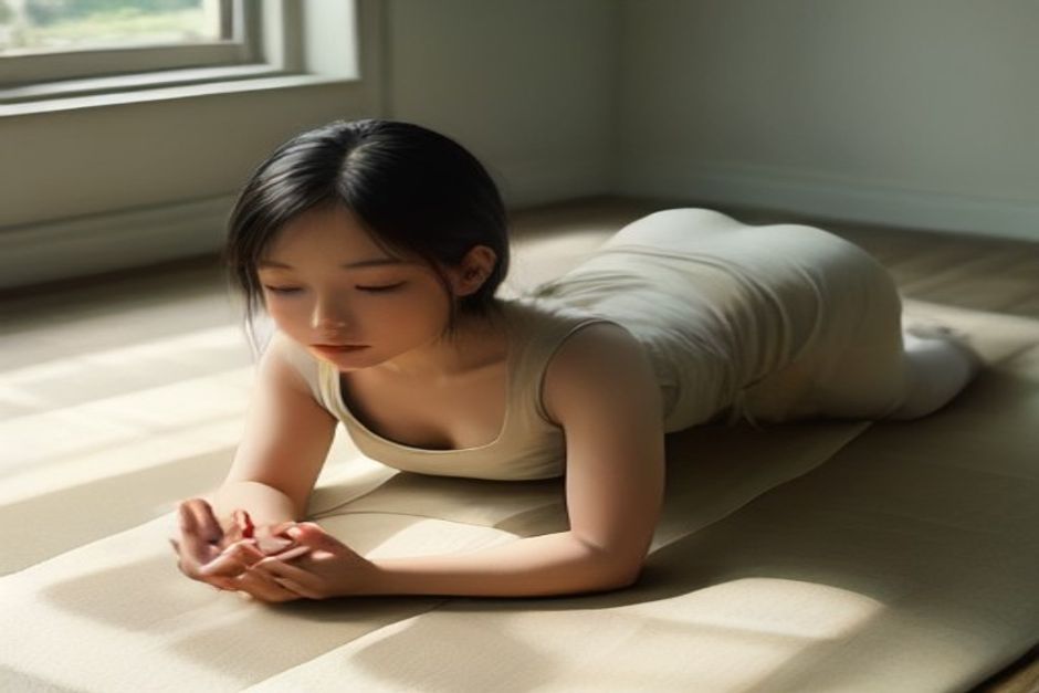 Woman resting in child's pose on a mat in soft morning light