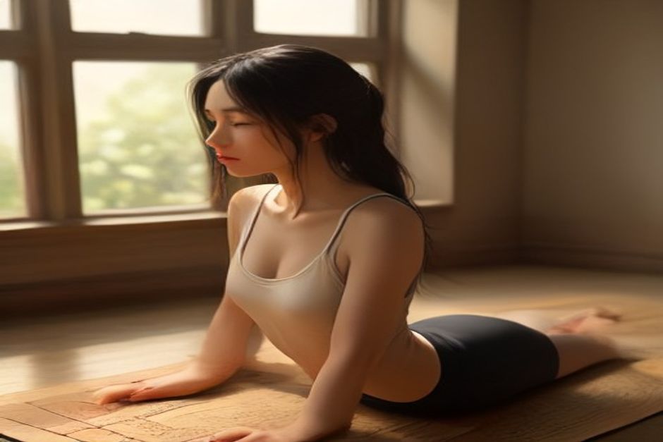 Person holding a low cobra pose on a yoga mat, chest gently lifted, elbows bent, warm natural light