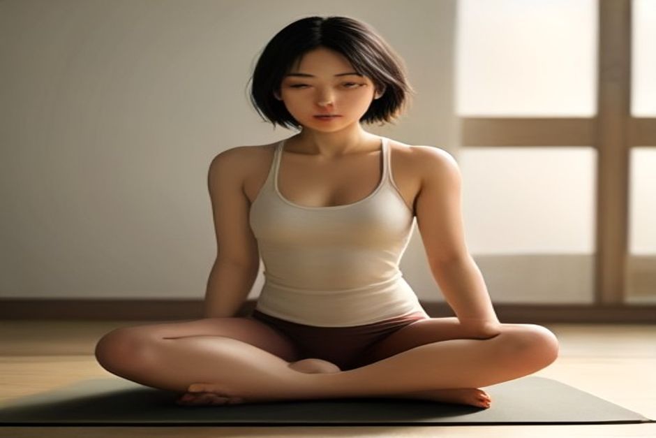 A practitioner in a seated hip-opening preparation with one knee bent toward the shoulder, on a mat in warm natural light