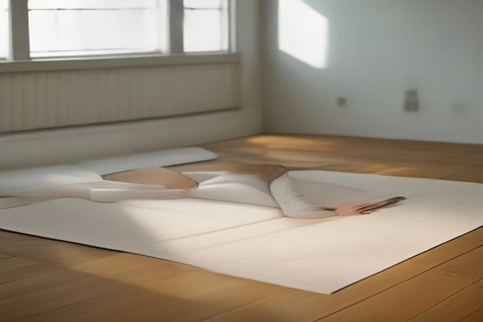 Person resting in savasana with a bolster under the knees and an eye pillow
