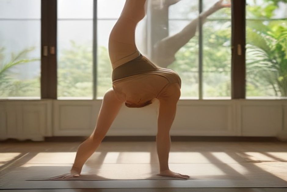 Person in a revolved crescent lunge with palms pressed at the chest on a mat in warm natural light