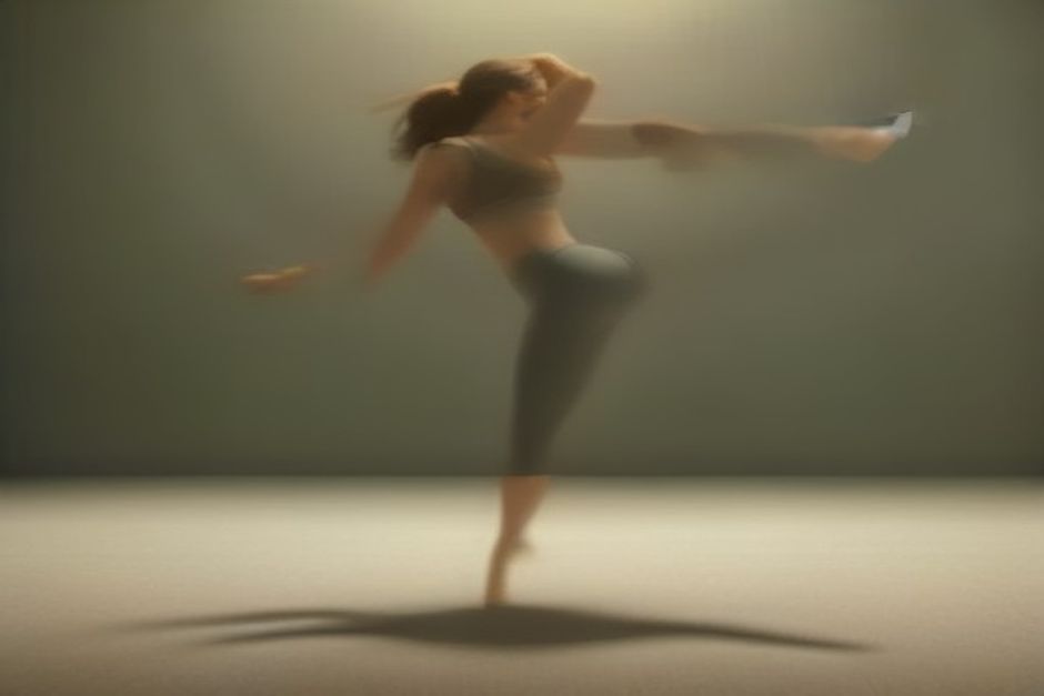 A person in crescent lunge on a yoga mat, back heel lifted and arms reaching overhead, soft natural studio light
