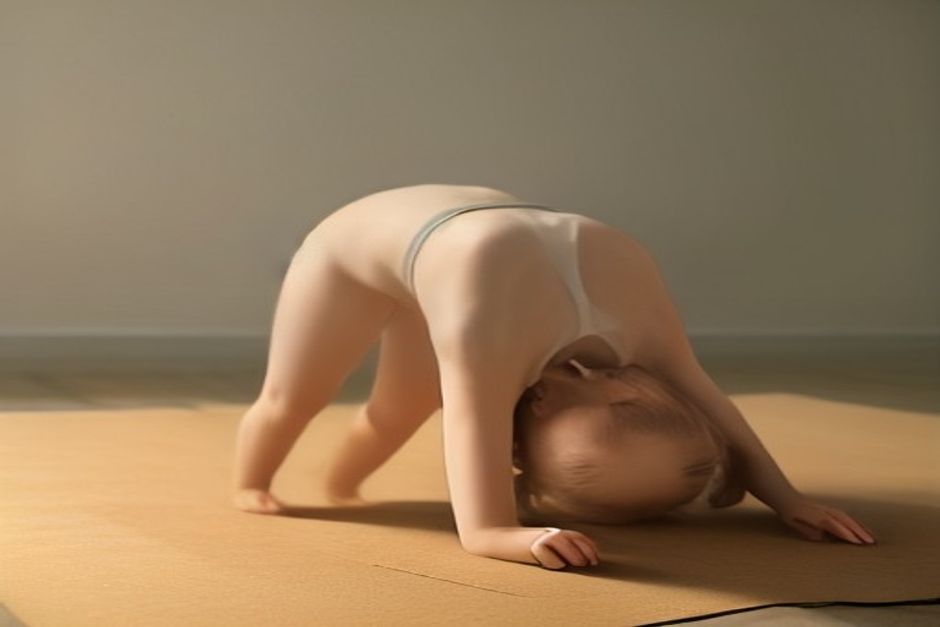 A person in extended puppy pose on a cork mat, hips over knees, arms stretched forward, forehead resting on the mat, soft natural light