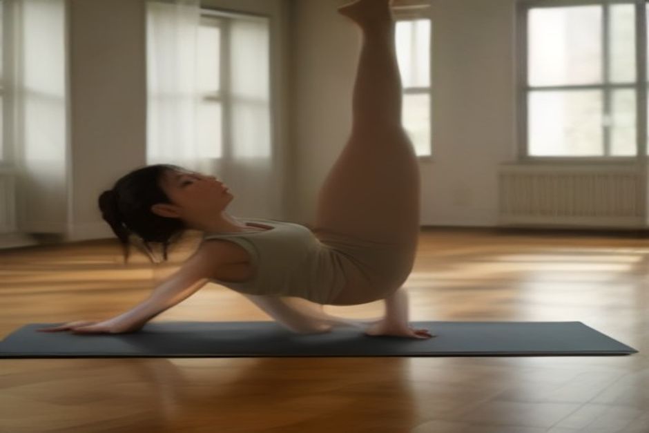 A person in a side plank variation on a mat with the top leg lifted high, in a calm studio with natural light