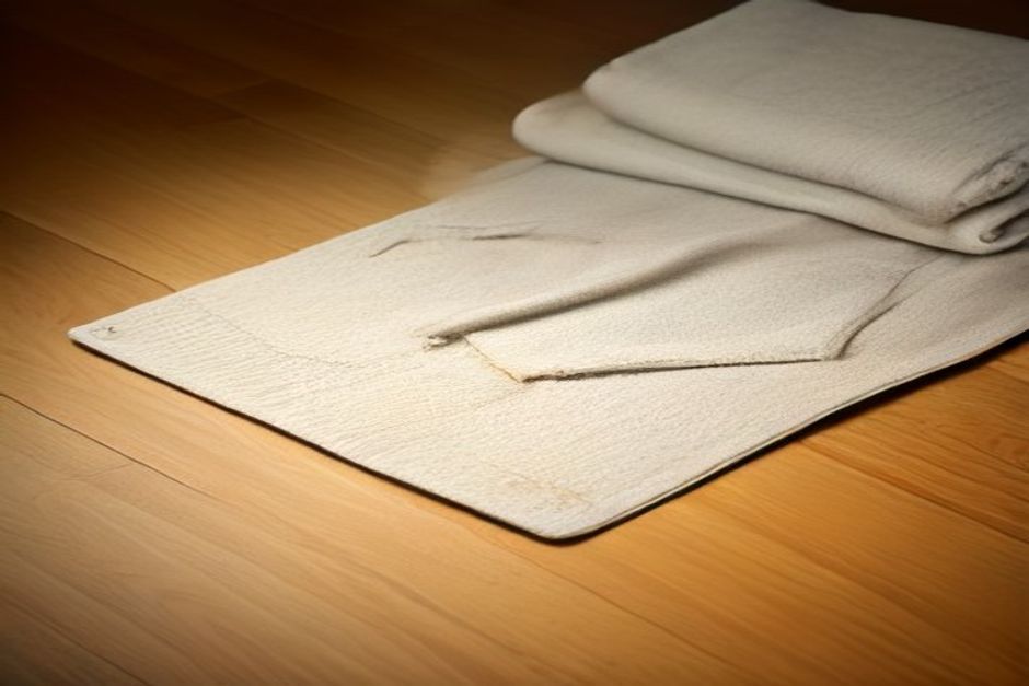 A folded wool blanket and a yoga mat in warm side light on a wooden floor