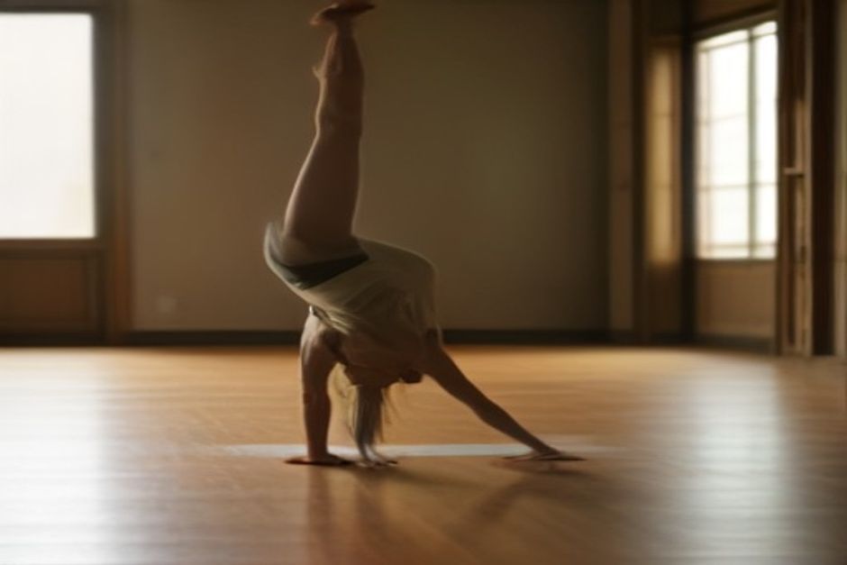 Person balancing in firefly pose with legs extended forward over their upper arms on a wooden studio floor