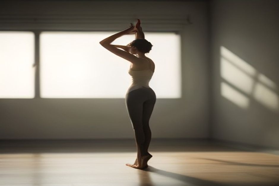 Person balancing in standing figure-four pose beside a wall for light support