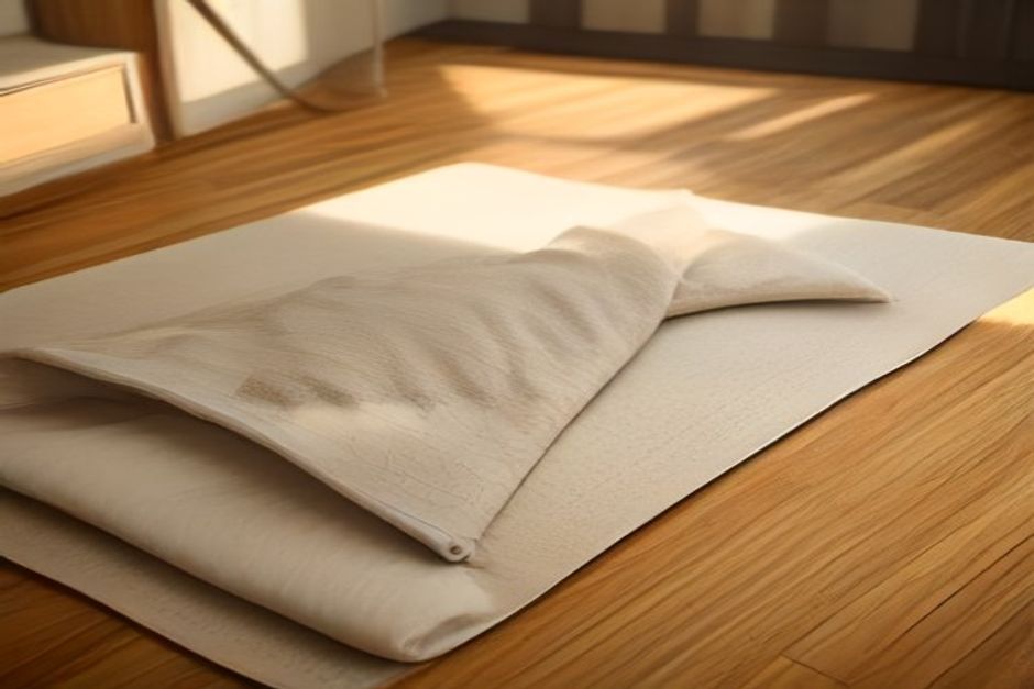 A folded blanket and yoga mat on a wooden floor, soft morning light, minimalist calm