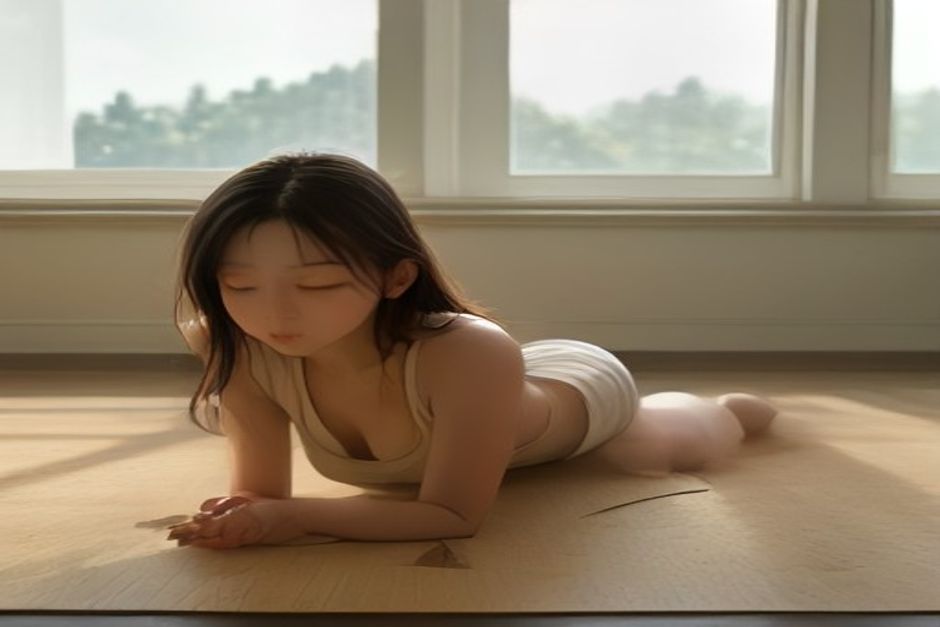 Person lying prone on a yoga mat in half frog pose, one heel drawn toward the hip, hand pressing the foot, soft daylight