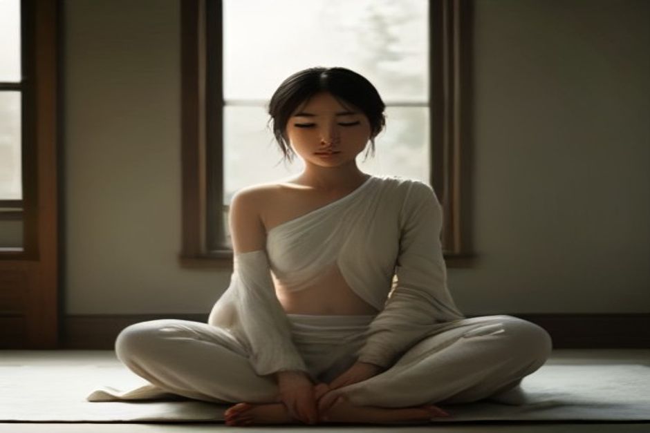 Person seated in half lotus pose on a folded wool blanket, hips elevated, in soft natural light