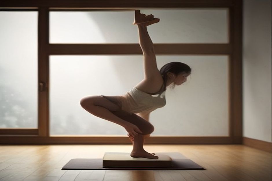 Person in half moon pose balancing on one leg with bottom hand on a block, top arm reaching up
