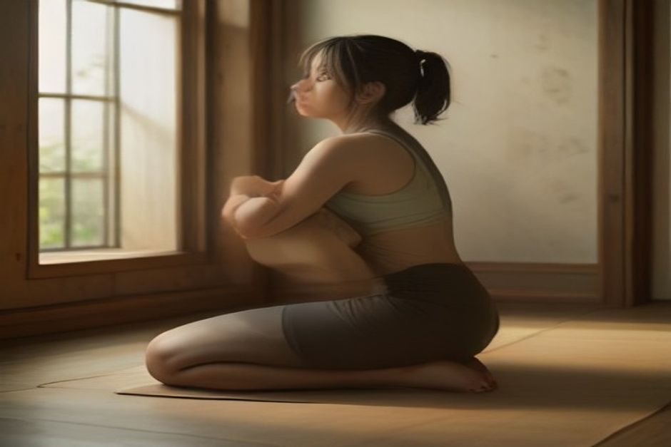 Person kneeling in hero pose seated on a wooden block, hands resting on thighs