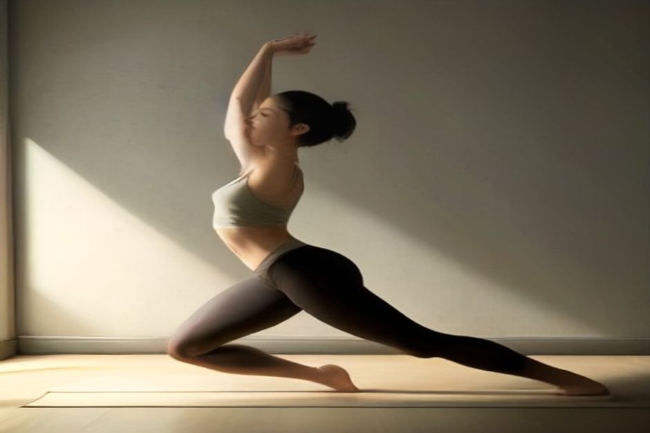 Person in High Lunge with arms raised and back heel lifted, warm natural light