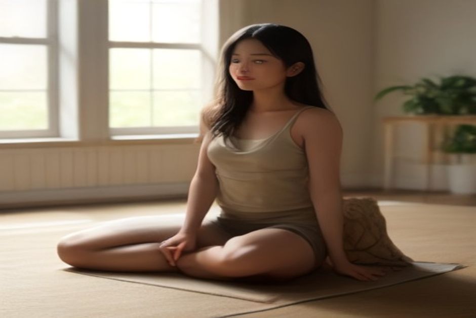 Person kneeling on a mat mid lion pose, eyes wide, hands pressing knees