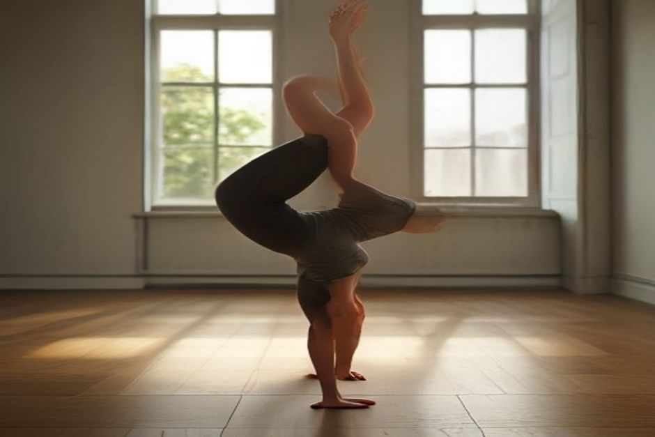 A person in lizard pose on a cork mat, forearms resting on blocks inside the front foot, in a calm studio with natural light