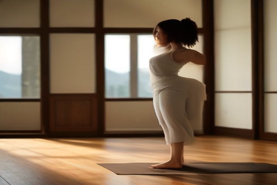 A woman standing tall in Mountain Pose on a wooden floor, arms relaxed, soft morning light