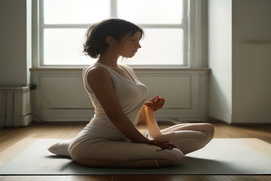 Person in pigeon pose with a folded blanket supporting the front hip