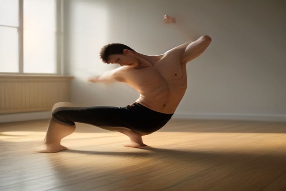 A man in reverse warrior pose on a mat in a bright studio, front knee bent, top arm arcing overhead, warm wood floor