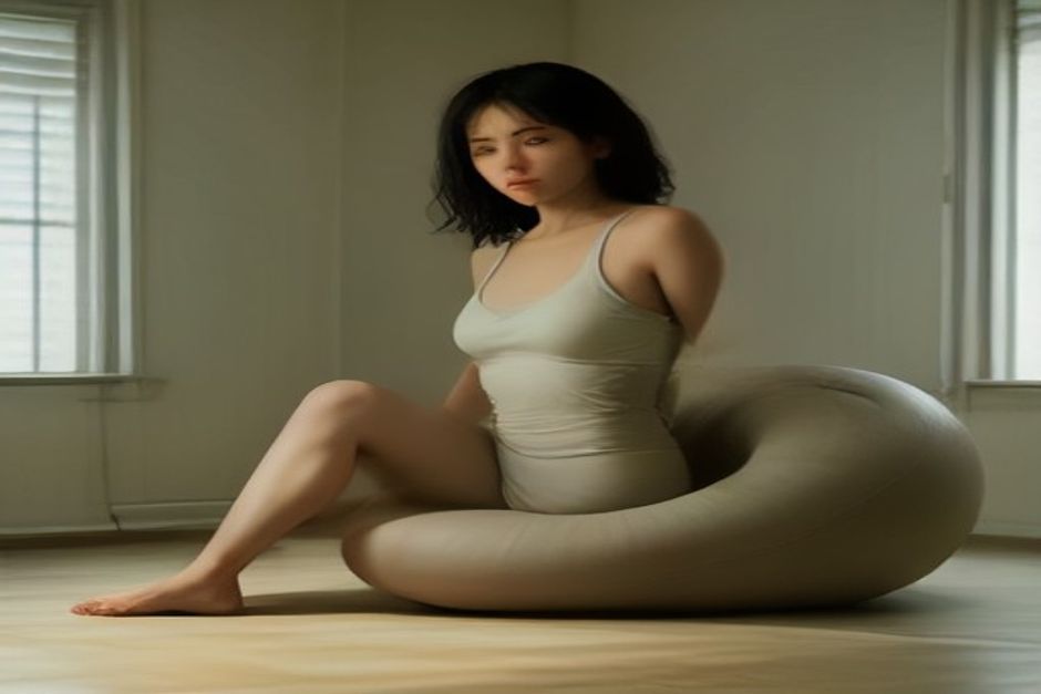 A person in revolved chair pose, palms pressed together with one elbow outside the opposite knee, on a mat in soft natural light