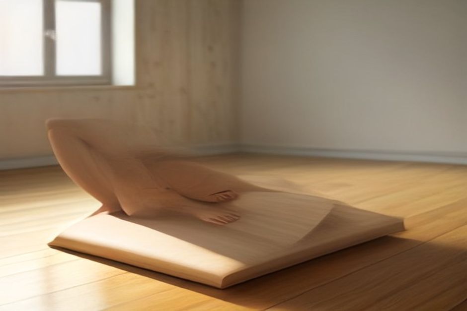 Person in Revolved Triangle pose with hand on a block in soft daylight