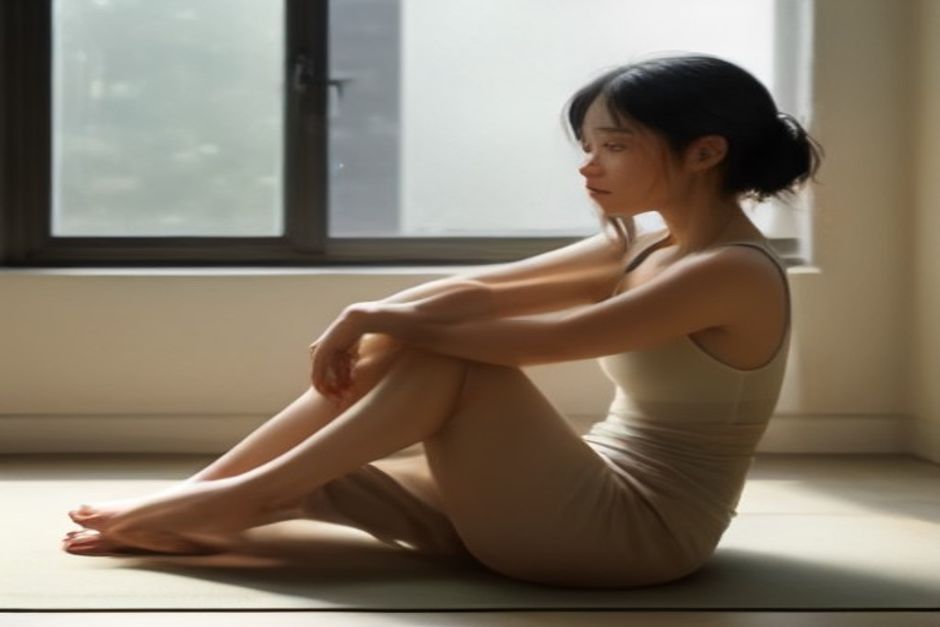 A person in a seated forward fold on a natural-fiber mat, spine long, strap around the feet, soft window light