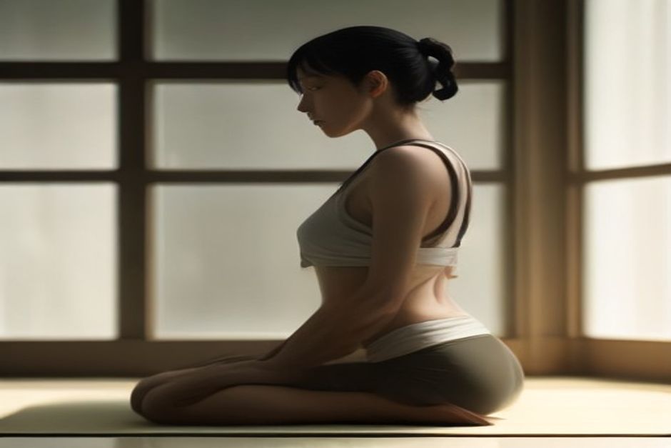 Person in a seated forward bend with a strap looped around the feet, spine long, soft window light