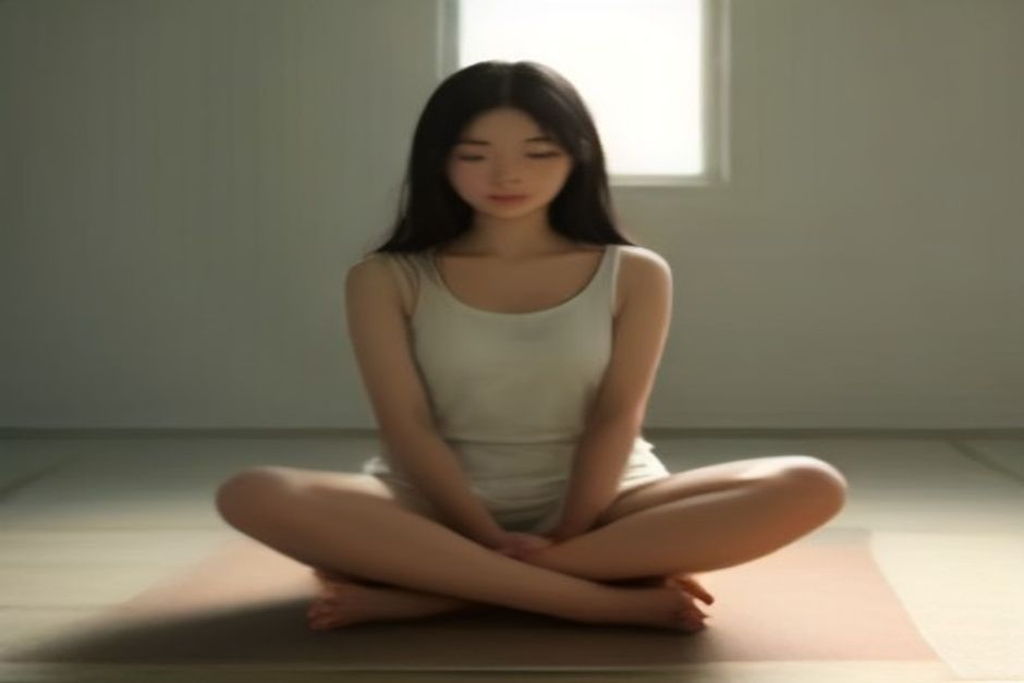 A person in a seated wide-legged forward fold on a mat with a bolster in front, calm studio, warm natural side light