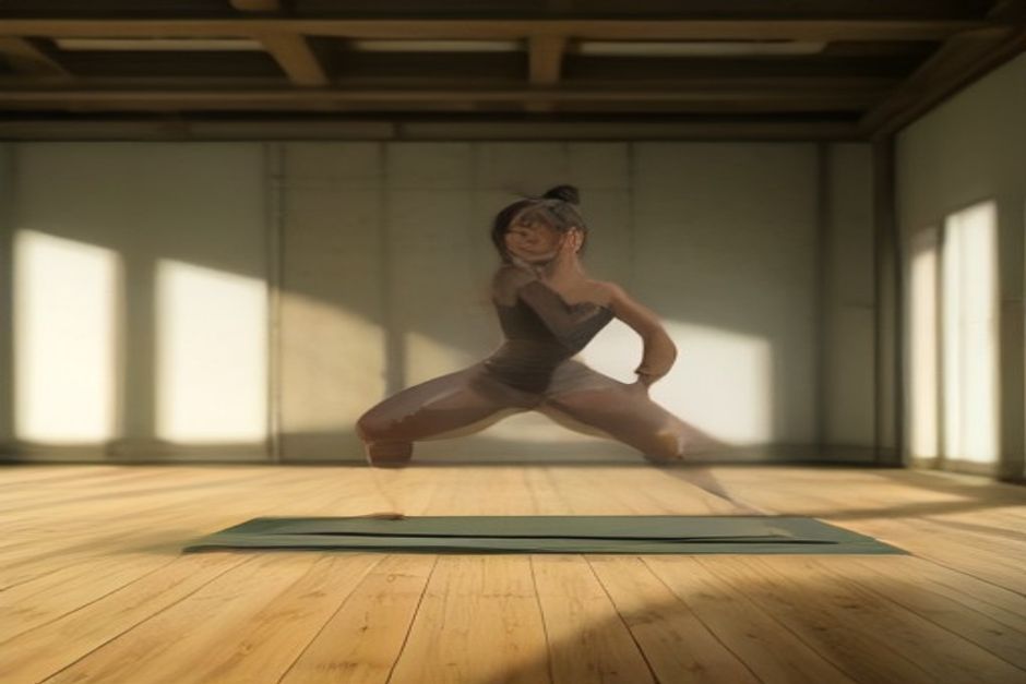 Person in a deep side lunge on a yoga mat, fingertips on the floor, warm afternoon light