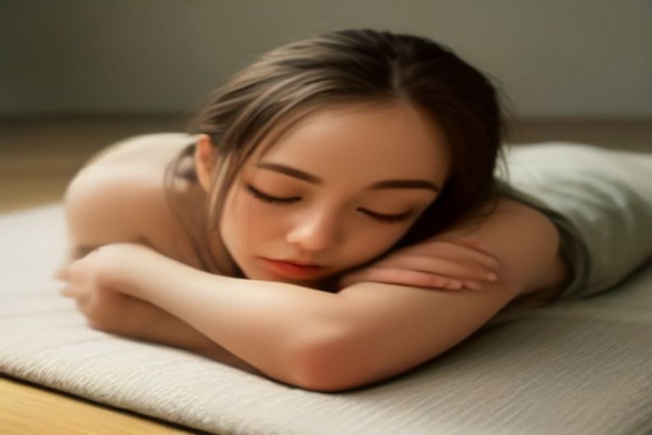 Person folded forward in sleeping pigeon pose on a mat, forehead resting on stacked hands, soft light