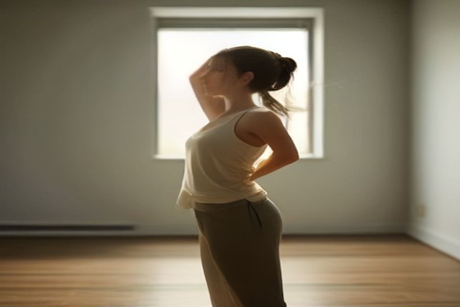 Person in a gentle standing backbend with hands on hips and chest lifted toward the ceiling, soft morning light