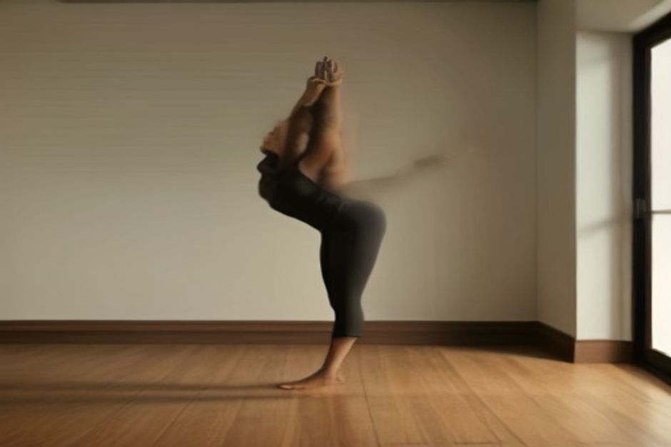 A person standing by a wall with one ankle crossed over the opposite thigh in a figure-four stretch