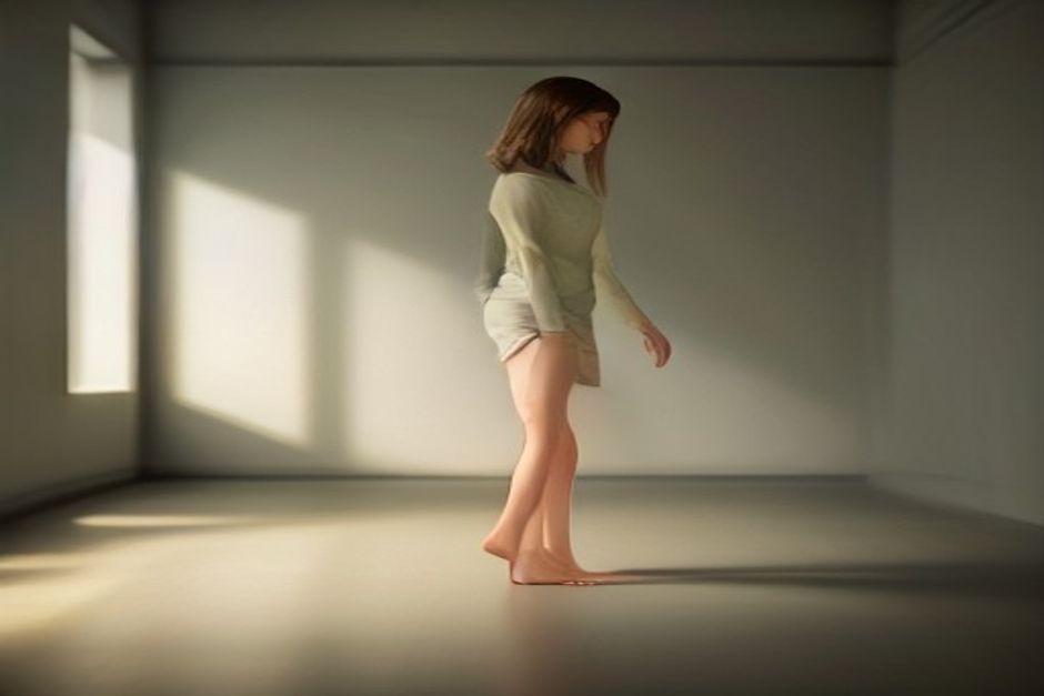 Person in standing forward bend with soft knees and hands resting toward the floor