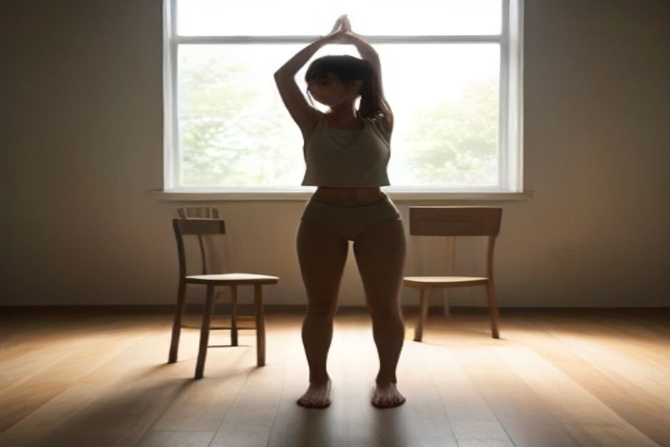 A person balancing in standing figure-four pose beside a chair in a bright, minimal studio