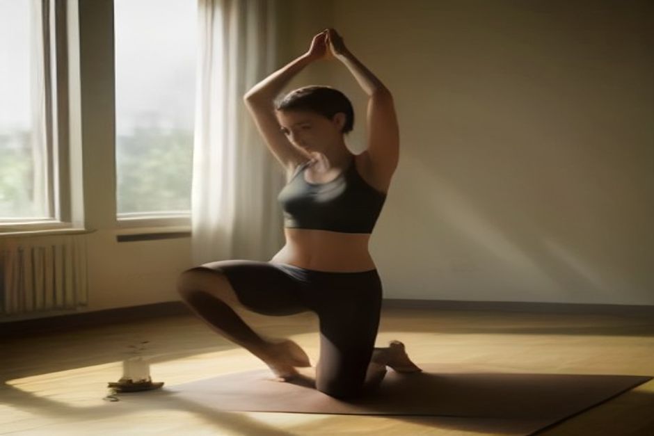 Person in a low lunge with arms raised overhead on a mat, soft morning light, minimalist studio