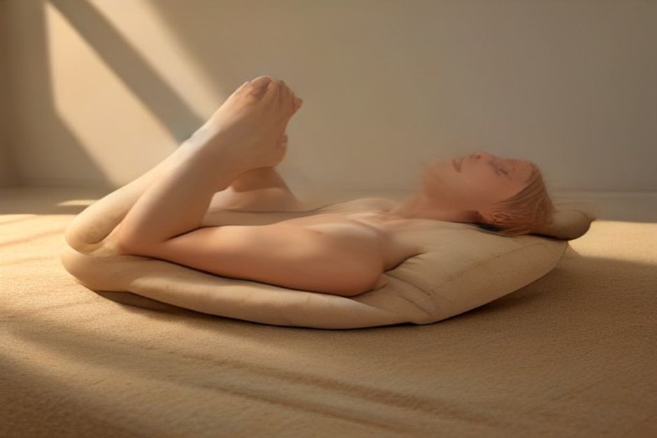A person resting in reclined bound angle pose over a bolster, knees supported by blocks, warm evening light
