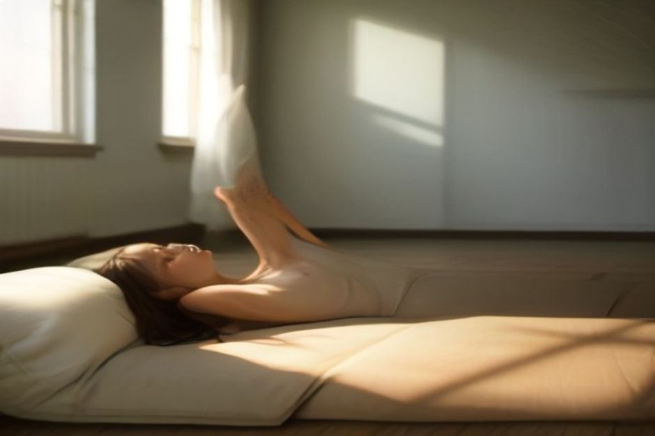 Person resting over a bolster placed lengthwise along the spine, arms open, in warm natural light