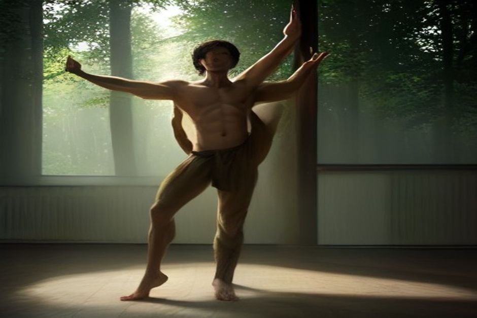 A man standing in tree pose with one foot against his inner thigh and hands at his chest, in a bright minimalist studio