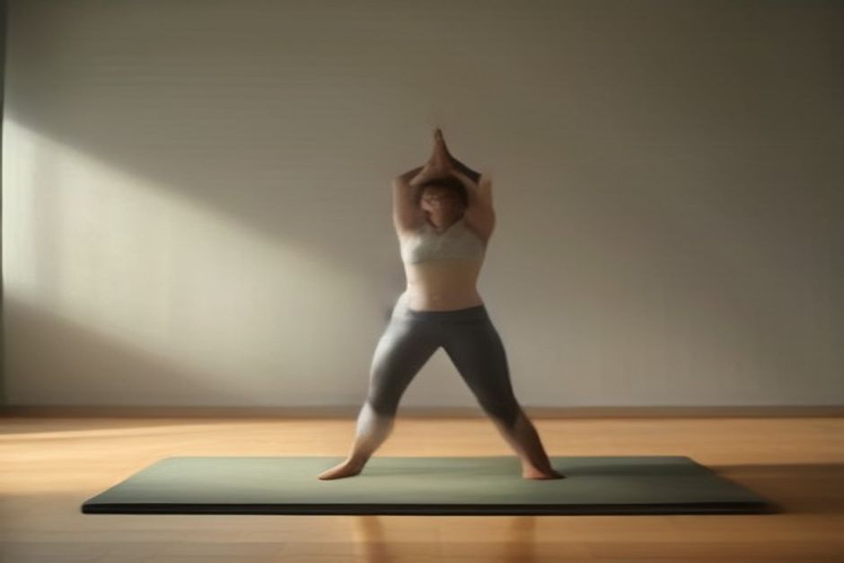 Person standing in tree pose with hands at the chest, one foot against the inner thigh, soft morning light