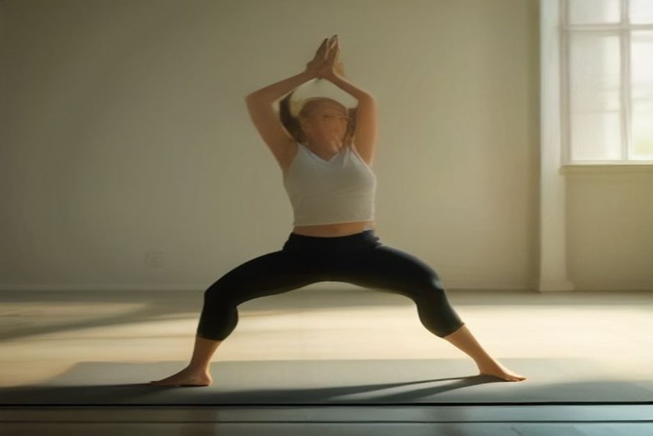 Woman holding Warrior I pose with arms raised in soft natural light