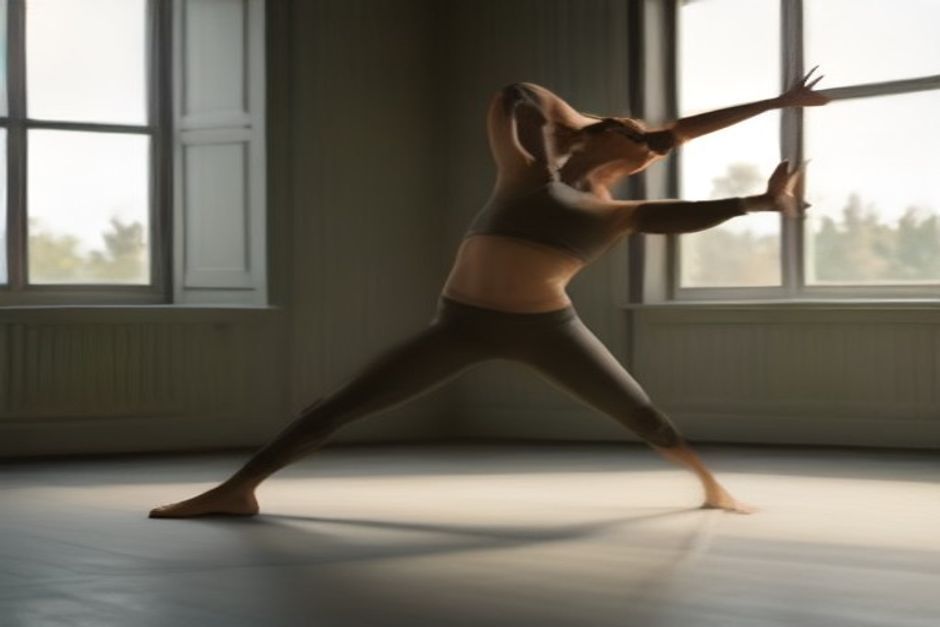 Woman holding Warrior II pose with arms extended horizontally, soft natural light in a minimalist studio