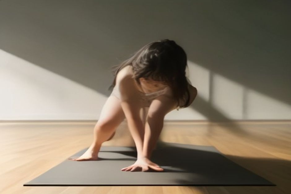 Person in a wide-legged forward fold with the crown of the head reaching toward the floor