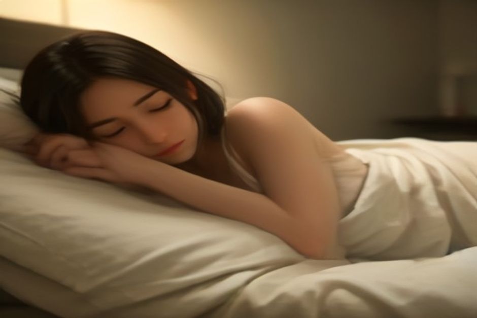 A woman lying in bed in soft evening lamplight with eyes closed and one hand resting on her belly