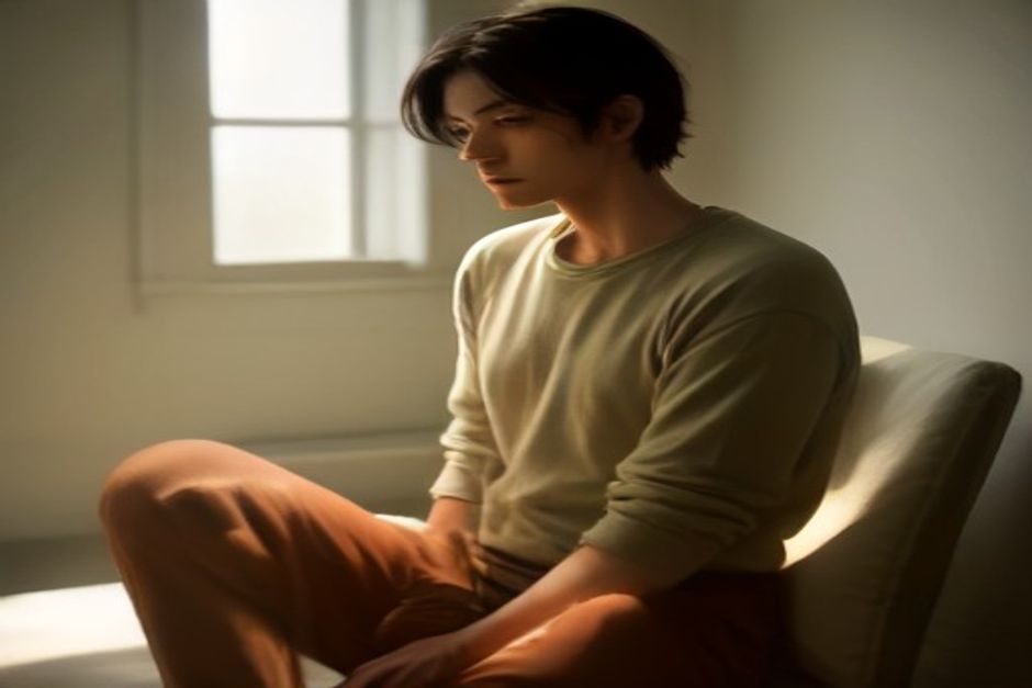 A man seated tall on a cushion in a sunlit minimalist room, alert and energized, in morning light